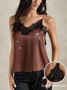 Briarwyn 2026 New Arrive Women's Contrast Color Lace Patchwork Spaghetti Strap Sleeveless Elegant Tank Top, Summer,Satin,Brown - Coffee Brown - View 6