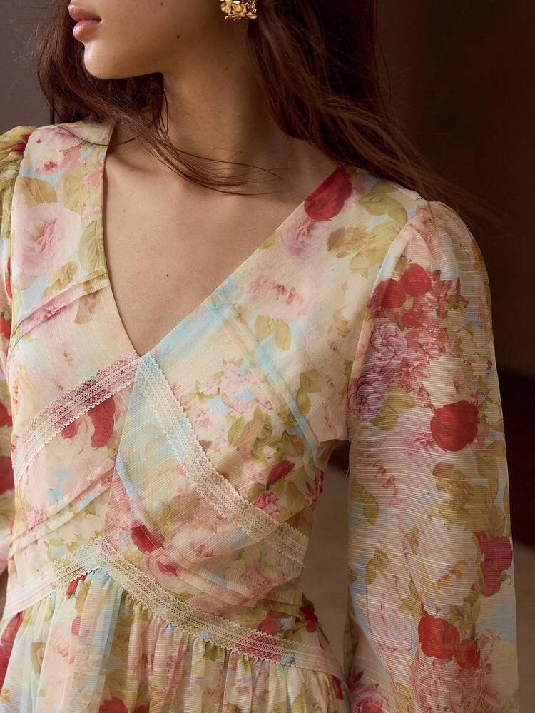 WOMEN'S FRENCH ROMANTIC FLORAL PRINT V-NECK LACE FITTED WAIST DRESS