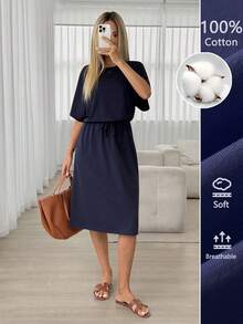 Easowa Women Cotton Midi Dresses Vacation Outfits Women,Casual Clothes Dark Blue Dress Drawstring Waist Women's Short Sleeve Navy - Navy Blue - View 3
