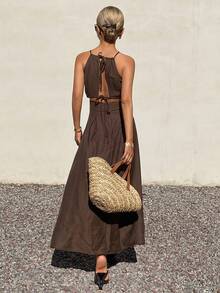 Strévra 夏季假日生日露背吊带镂空中长连衣裙，优雅派对女士波西米亚风连衣裙 - 棕色 - 查看 2