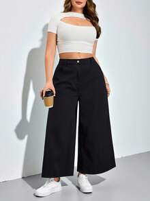 SHEIN CURVE+ Plus Size Casual Versatile Solid Color Wide Leg Jeans Spring To Summer Carnival Costume Commuting Vacation Graduation Chic Y2k Cute Streetwear Party Wedding Elegant Business Casual Woman Plus Size Women's Black Denim Wide Leg Jeans Skin-Friendly Up To 8XL - Black - View 6