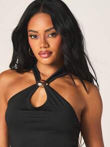 MISSGUIDED Conjunto de fiesta para mujer con top corto sin mangas con escote halter y abertura en la espalda - Negro - Ver 5