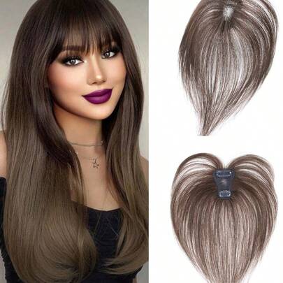 Tóc giả dạng lưới Thụy Sĩ vô hình, kiểu tóc thẳng, màu nâu có mái, làm từ tóc người nguyên chất, kiểu tóc giả thủ công thanh lịch dành cho nữ, giúp tăng độ dày và che phủ tóc bạc.