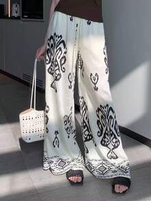SHEIN Elenzya 女士复古印花宽松阔腿裤 - 白色 - 查看 3