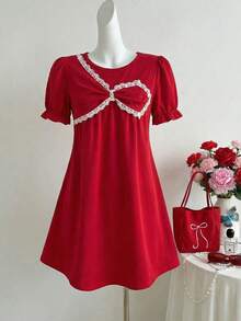 SHEIN ChillGRL Streecool Tween Girl Girls' Fashionable Versatile Cute Puff Sleeve Round Neck Doll Dress, Red One-Piece Dress, Round Neck Front Splice Design Pullover Dress, Suitable For Daily Outings, Birthday Parties - Red - View 4