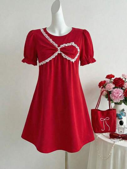 SHEIN ChillGRL Streecool Tween Girl Girls' Fashionable Versatile Cute Puff Sleeve Round Neck Doll Dress, Red One-Piece Dress, Round Neck Front Splice Design Pullover Dress, Suitable For Daily Outings, Birthday Parties