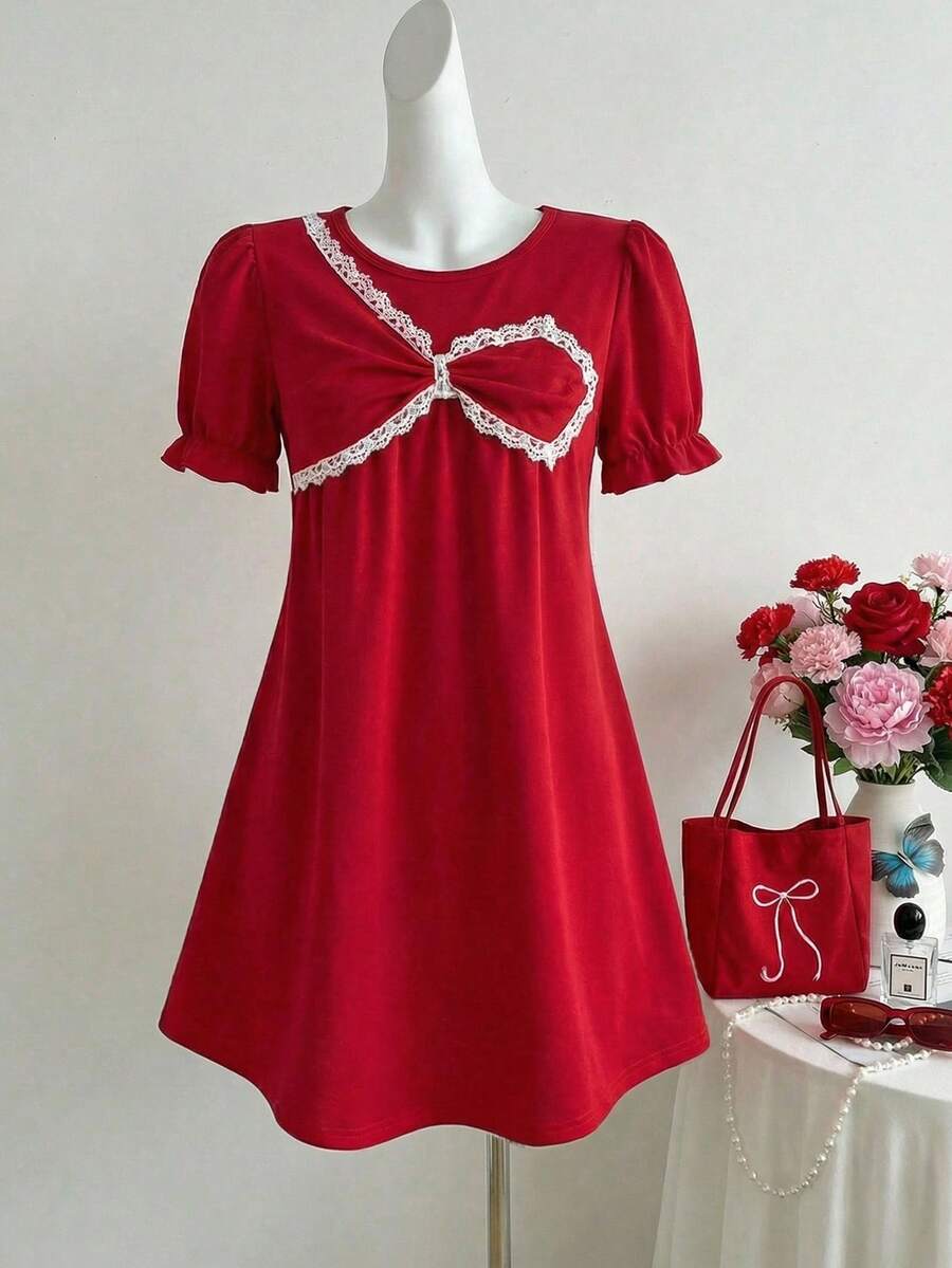 SHEIN ChillGRL Streecool 少女时尚百搭可爱泡泡袖圆领娃娃裙，红色连体连衣裙，圆领前拼接设计套头连衣裙，适合日常外出、生日派对等场合 - 紅色 - 查看 1