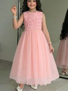 Tween Girl Casual Elegant Mesh Embroidered Jacquard Camisole And Ruched Mesh Dress Set, Pink - Pink - View 4