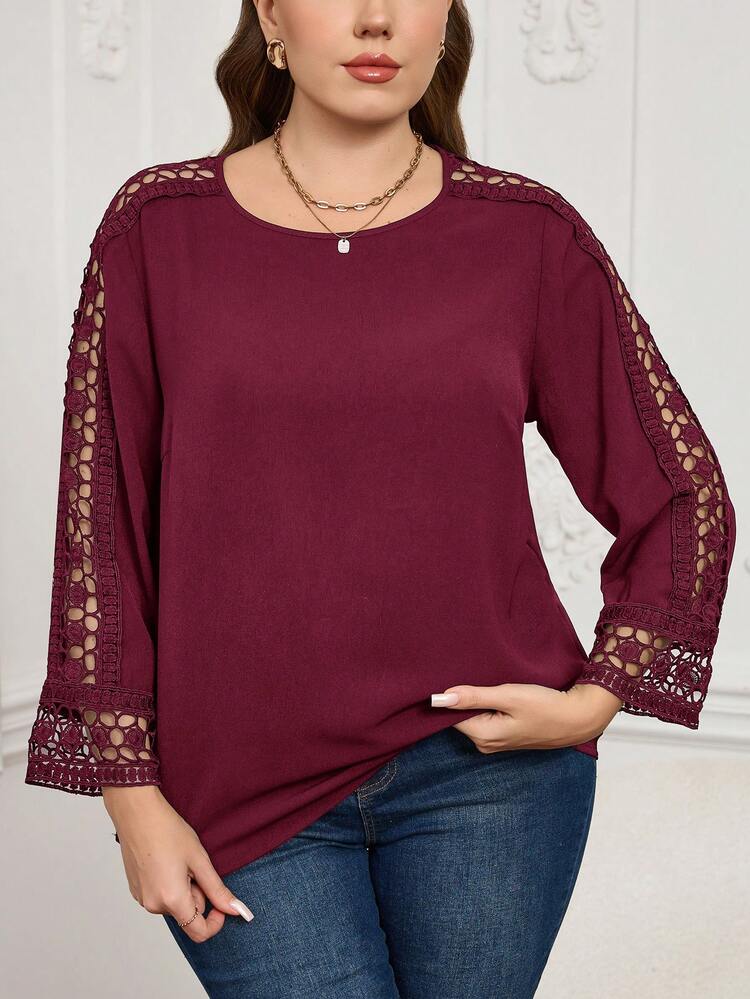Plus Size Casual/Work Solid Color Hollow Long Sleeve Shirt