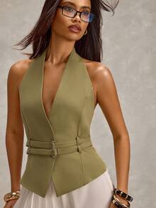SHEIN Women Modern Khaki Belted Vest - Khaki - View 4