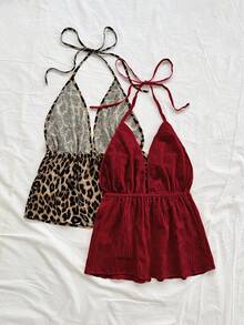 Soleia 2pcs Vacation Sexy Leopard Print Halter V-Neck Backless Tie Strap Textured Fabric Red Camisole, Suitable For Holiday, Date, Afternoon Tea, Vacation, Music Festival, Boho - Burgundy - View 2