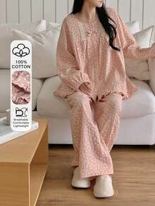 DAZY 甜美花卉蕾丝边饰荷叶边灯笼袖宽松女士睡衣套装 - 粉色 - 查看 3