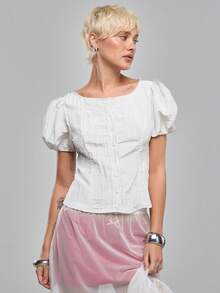 COUREZ Petal Sleeve BUTTON FRONT TEXTURED SHIRT - Beige - View 5