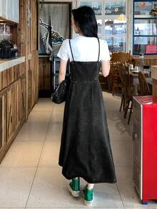 FRIFUL 女士系带褶皱时尚百搭约会/旅行牛仔吊带裙 - 藍色 - 查看 5