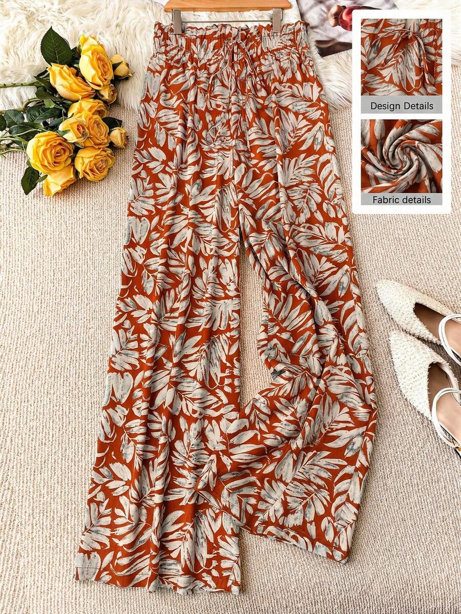 DreamSkyne 大码女式抽绳腰带树叶印花休闲百搭阔腿裤，适合日常穿着 - 酒紅色 - 查看 1