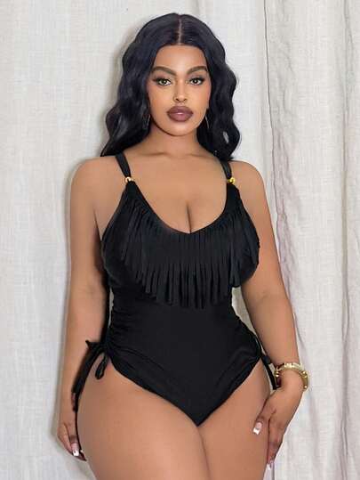 Slaydiva Plus Size Women's Solid Black Minimalist Casual Vacation One-Piece Swimsuit With Adjustable Drawstring, Tassel Decor And Ruched Details