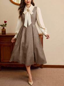 Vintamour 复古经典优雅女士修身无袖连衣裙，腰带金属纽扣V领伞裙摆，藏蓝色 - 棕色 - 查看 6