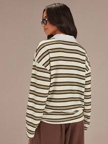 Athîral Áo sơ mi nữ kẻ sọc dáng rộng, cổ bẻ, tay dài, thích hợp cho mùa xuân và ngày Valentine. - Màu be - Xem 2