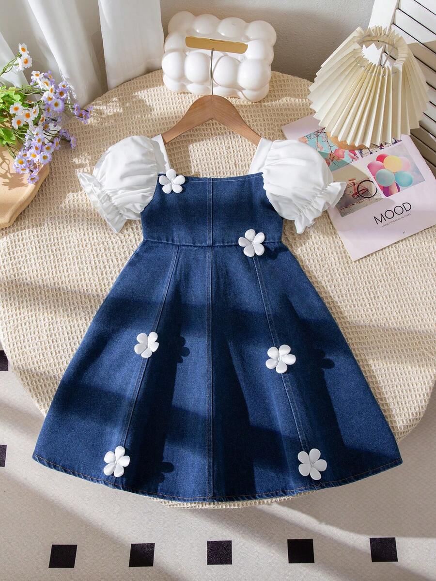SHEIN Genkimix Kids 女童夏季韩版3D蝴蝶结牛仔连衣裙,适合女孩日常休闲穿着和上学穿着 - 藍色 - 查看 1