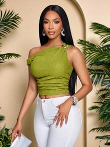 SOLERSUN Women's Spring Summer Fashion Casual Elegant Daily Solid Asymmetrical Neck Ruched Top - Green - View 1