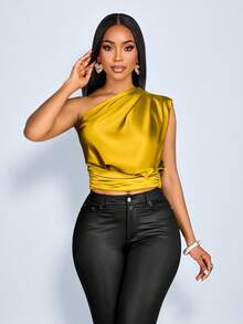 SOLERSUN Blusa de satén amarilla sexy y elegante para ir al trabajo, fiestas de primavera/verano y vacaciones. - Mostaza Amarilla - Ver 8