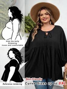 SHEIN CURVE+ Curve 尺码 US22 音乐节、海滨度假、波西米亚风女士纯色系带褶皱休闲百搭通勤灯笼袖衬衫 - 黑色 - 查看 3