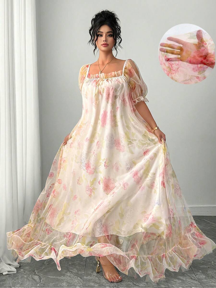 Elenzga Vestido corto de manga corta con burbujas, de doble capa, elegante, con bordado floral transparente para mujer de talla grande - Albaricoque - Ver 1
