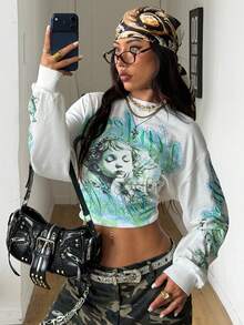 Coolane Coolgirl 女士秋冬街头风嘻哈印花宽松长袖T恤 - 綠色 - 查看 3