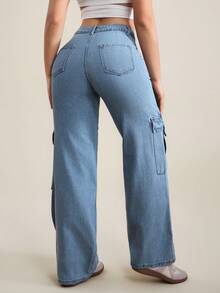 SHEIN Tall Women's Casual Versatile Flap Pocket Button Fly Wide Leg Jeans - Blue - View 2
