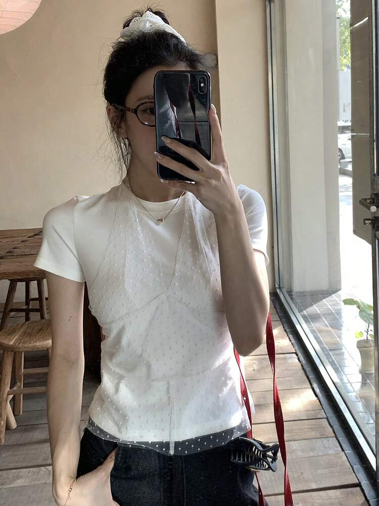 Women's Korean Style Polka Dot Mesh Tie-Up 2 In 1 Short Sleeve T-Shirt, Versatile For Spring And Summer