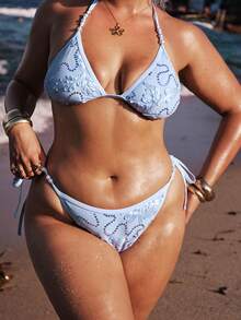SHEIN BAE Plus Size Turquoise Sexy Lace Floral Bikini Two Pieces Swimwear Summer Beach Vacation Bathing Suit - Blue - View 6