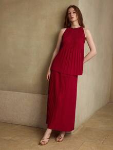 MOTF PREMIUM FRENCH STYLE ELEGANT RED KNIT TOP AND SKIRT SET FOR WOMEN - Red - View 4