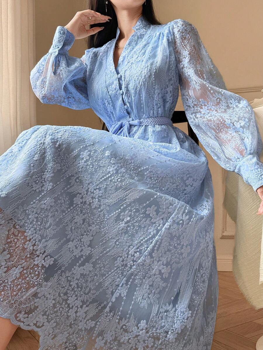 DAZY 女士优雅蕾丝花瓣袖系带中长连衣裙，春夏款 - 藍色 - 查看 1