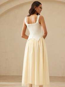 BELROSIE Vestido elegante y grácil de estilo retro francés para mujer, con parches de satén lujoso y malla, cuello alto, diseño con abertura en la cintura, sin mangas, adecuado para citas, fiestas y bodas - Albaricoque - Ver 6