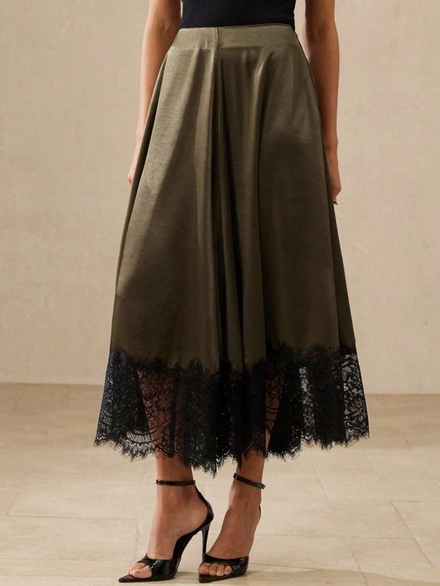 Aveloria Rosie Elegant Minimalist Versatile Commuting Satin Asymmetrical Hem Contrast Lace Midi Skirt - Army Green - View 1