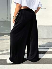 Muchica 大码女式弹力腰带口袋休闲百搭日常阔腿裤 - 黑色 - 查看 2
