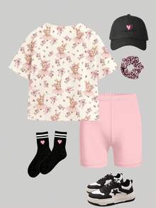 SHEIN Áo thun tay ngắn cổ tròn dáng rộng, màu trắng kem và hồng kem, họa tiết hoa phong cách Bohemian mùa xuân/hè, in hình thỏ nơ, kết hợp với quần short bó sát, thích hợp mặc hàng ngày, ở nhà, đi nghỉ mát, lễ Phục sinh, đi nông trại, hoạt động ngoài trời, dã ngoại cho bé gái mùa xuân/hè. - Nhiều màu - Xem 2