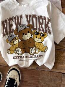 SHEIN Áo thun cổ tròn tay ngắn in hình gấu hoạt hình tối giản cho bé trai, phù hợp cho mùa hè - trắng - Xem 4