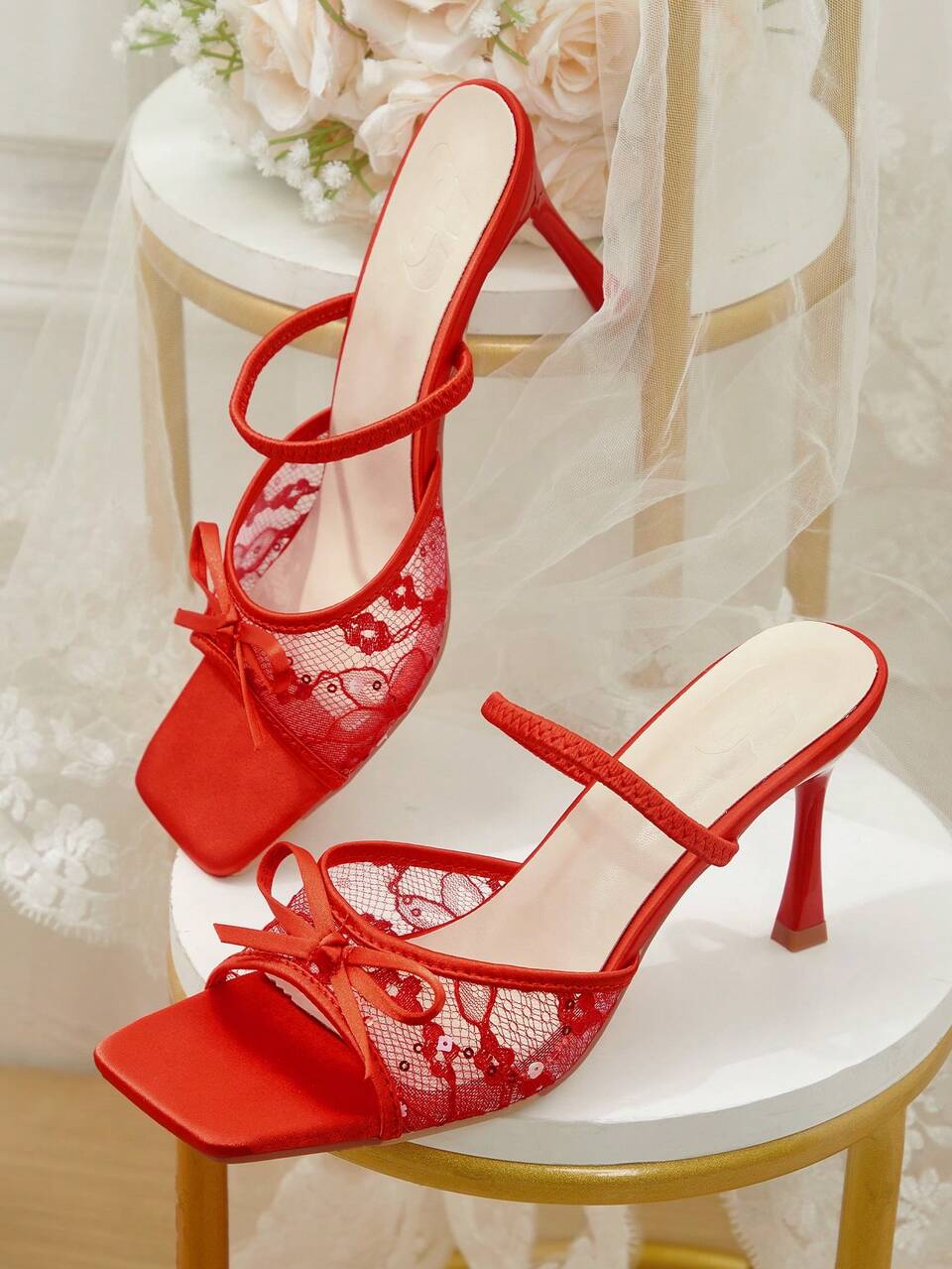 CUCCOO HITCHD Spring And Summer New Product Bow Mesh Lace Square Toe Stiletto Elegant Romantic Sexy Red Lace Women's High Heel Sandals Summer Shoes