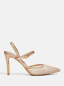 CUCCOO TILAWA 女士夏季新款闪亮水晶网纱尖头细高跟鞋，优雅迷人金色网纱露趾高跟鞋，礼服鞋，新娘鞋，伴娘鞋，时尚派对晚宴婚礼鞋 - 香檳色 - 查看 8