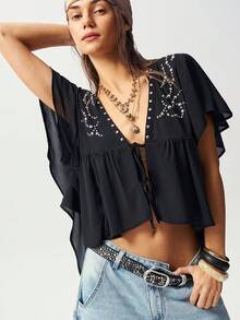 Bohemela Women's Summer Casual Outings, Romantic And Elegant Beachwear, Bohemian West Music Festival Woven Chiffon Ruffled Cover-Up With Rivet Embellishments,Summer Top, Summer For Women, Free And Relaxed Style , Fasching Women Costume, Beach, Summer Vacations - Black - View 7