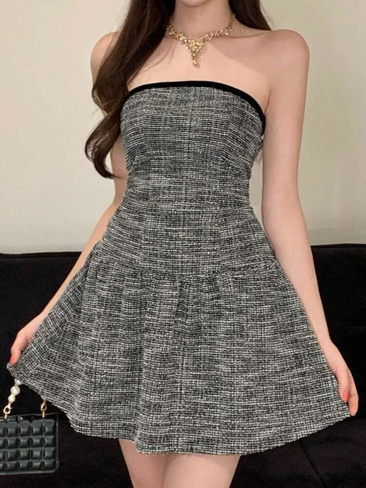 Spring & Summer Music Festival Strapless Color Block Design Elegant Party Dress, Suitable For Valentine's Day, Wedding, Banquet, Ball, Commuting Sundress