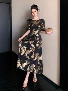 DAZY Women's Elegant Floral Print Round Neck Petal Sleeve Mid-Length Dress, Summer,Wedding Guest Dress Women Maxi Dress - Black - View 10