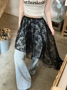 DAZY Chân váy ren khoét họa tiết hoa mùa xuân hè, phong cách Bohemian, váy đi biển bất đối xứng, chân váy thanh lịch công sở bằng vải voan mỏng cho nữ. - màu đen - Xem 7