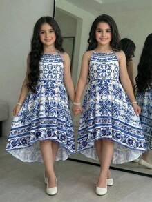 SHEIN Tween Girl Backless Tie-Up Hollow Out Sleeveless Floral Print Asymmetric Hem Maxi Woven Dress - Blue - View 6