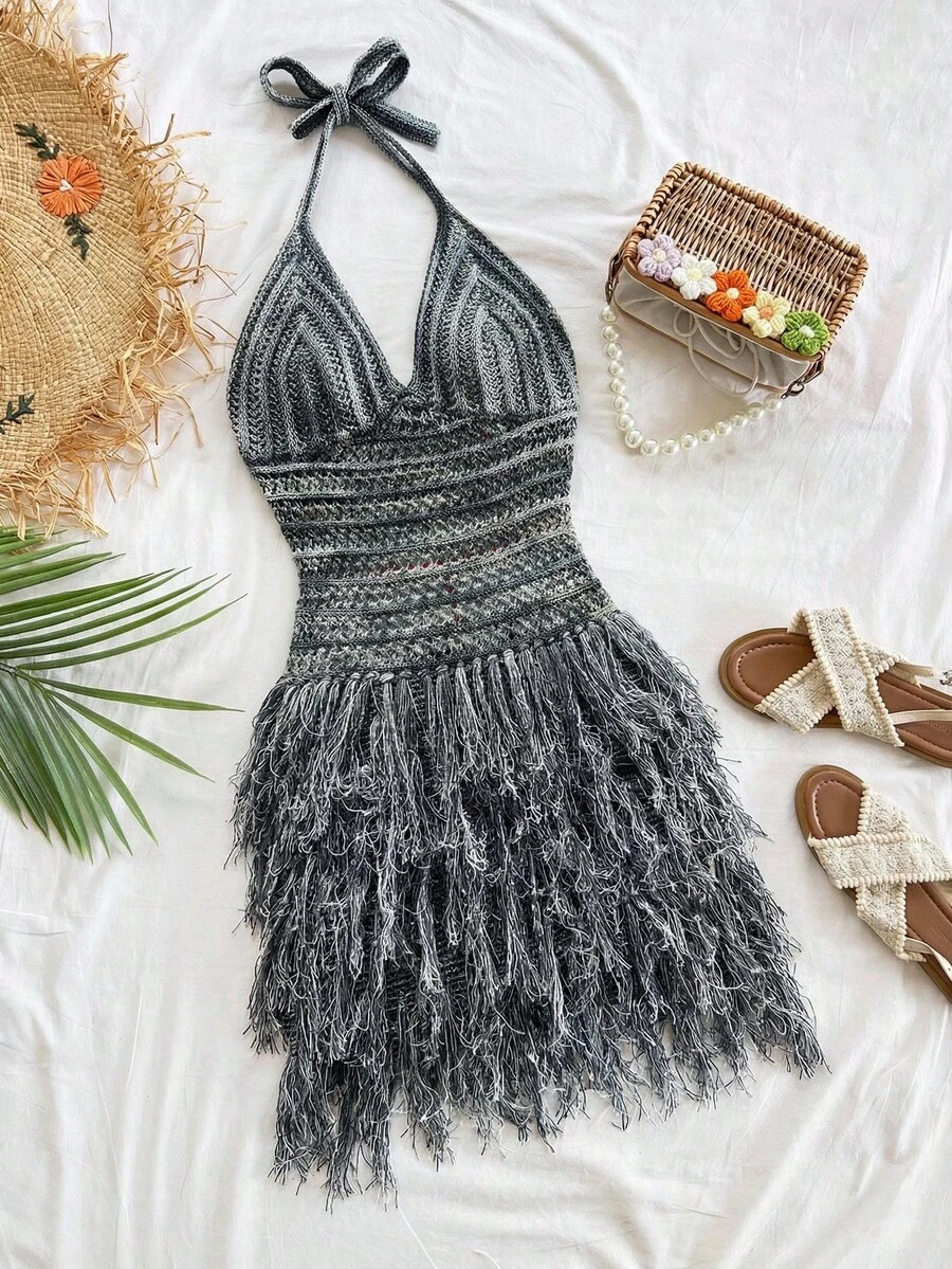 Soleia Đầm ngắn cổ yếm chữ V viền tua rua phong cách retro dành cho nữ, thích hợp cho du lịch biển, kỳ nghỉ, hẹn hò, tiệc trà chiều, tiệc tùng. - Xám - Xem 1