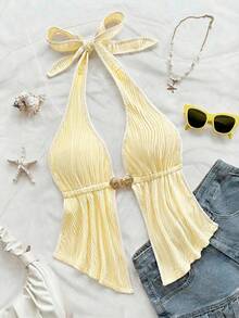 Soleia 性感V领金属装饰露背荷叶边红色纹理面料女士吊带背心，适合海滩度假、约会、下午茶、假期、音乐节、波西米亚风等场合。 - 淡黃色 - 查看 7