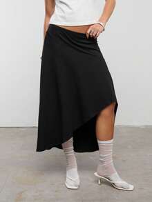 COUREZ Asymmetric Hem Low Waist Midi Skirt/Y2K Spring Clothes For Women Cute Sexy Skirts For Women Going Out Party Rave Festival Outfits Summer Skirts Summer Outfits - Black - View 5