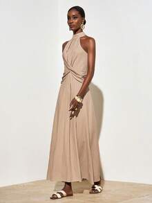 Zivah Women's Solid Color Halter Neck Ruched Vintage Style Long Dress, Suitable For Dates, Parties Resort Dresses Vacation Dresses For Dinner Neutral Dresses For Women Wrap Around Dresses For Ladies Yacht Dress Wrap Dress Wedding Guest Wow Dress - Khaki - View 8