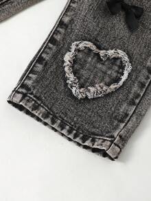 Baby Girls' Denim Jeans, Casual Kawaii Y2k Cute, Elegant Luxurious, Bow Heart Applique Decor, Straight Leg, Elastic Waist, Cotton, Hot Pink Grey - Dark Grey - View 4
